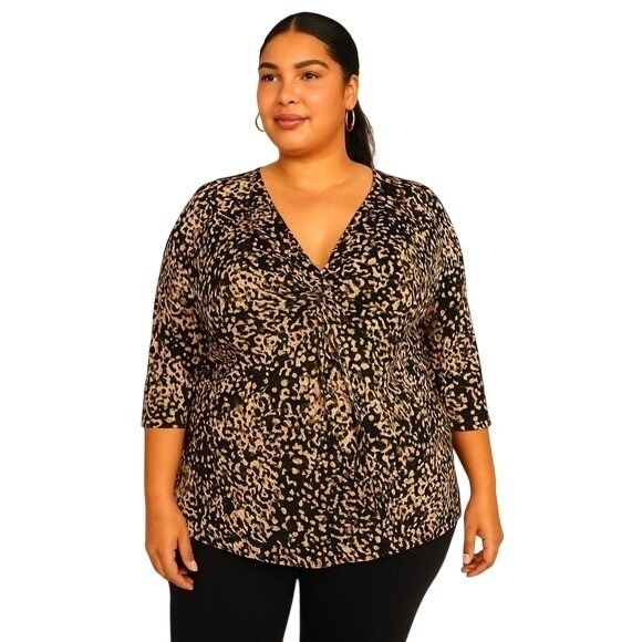 Avenue Tops - Avenue Women Plus 18/20 Animal Print Brown Cream Twist V Neck 3/4 Sleeve‎ Tunic